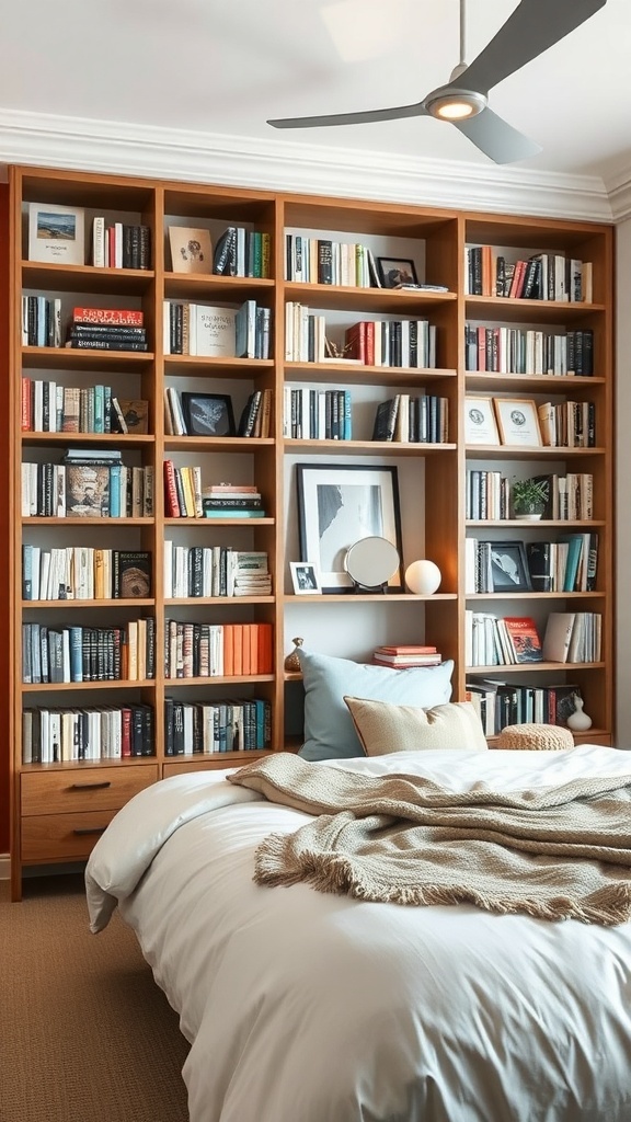 A cozy bedroom featuring a wooden bookshelf filled with books, decorative items, and a neatly made bed.
