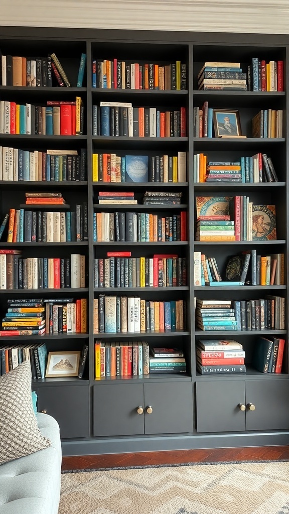 A colorful and organized bookshelf filled with books and decorative items.