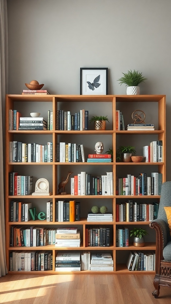A wooden bookshelf with adjustable shelves filled with books, decorative items, and plants.