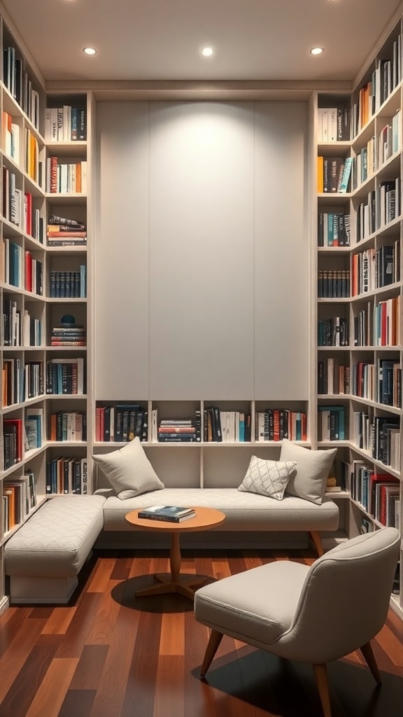 Cozy nook with a bookshelf and built-in seating, featuring a small table and cushions.