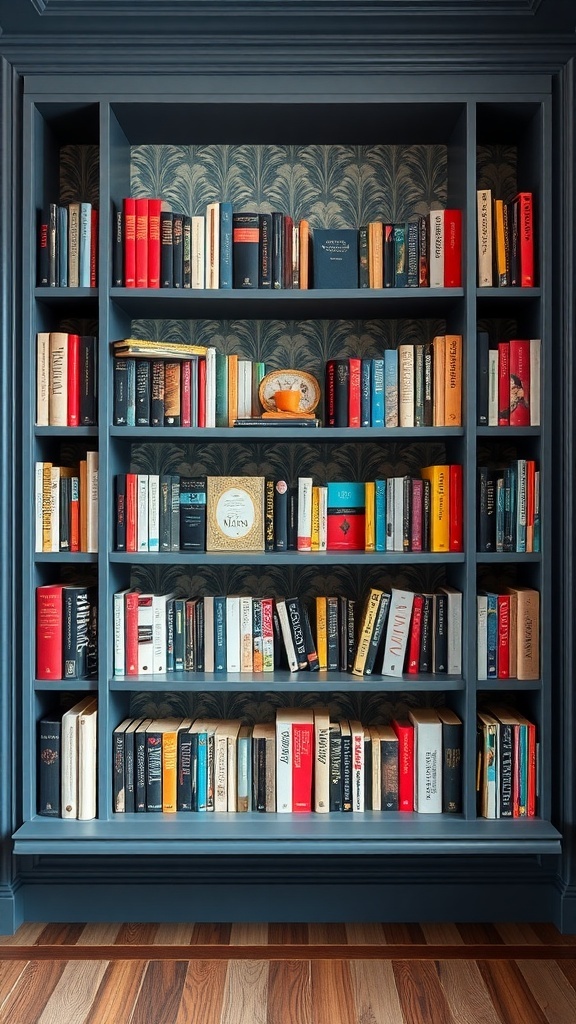 Bookshelf with dark blue shelves and decorative floral backing, filled with various books.