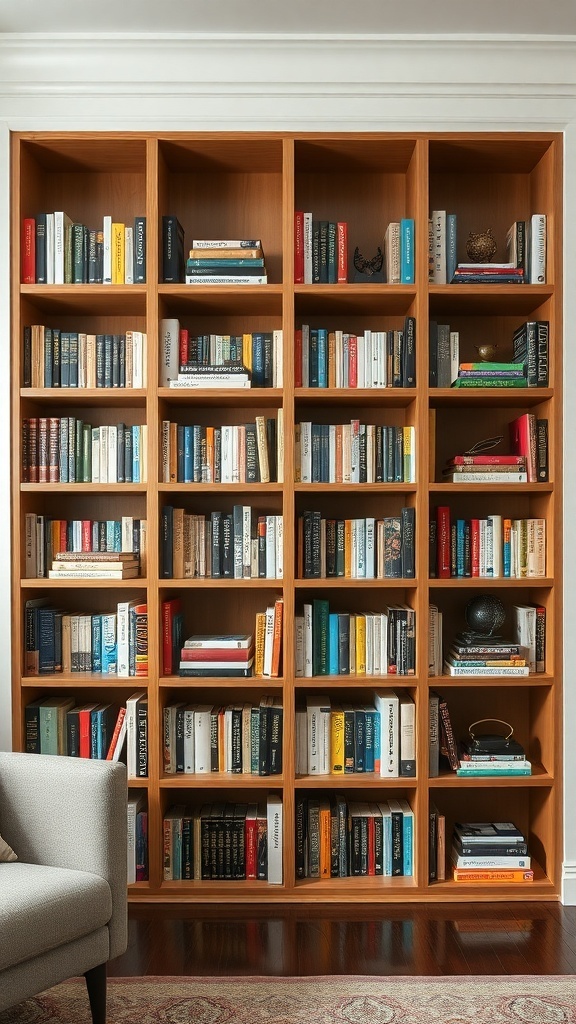 Bookshelf with hidden storage compartments, filled with various books and decorative items.