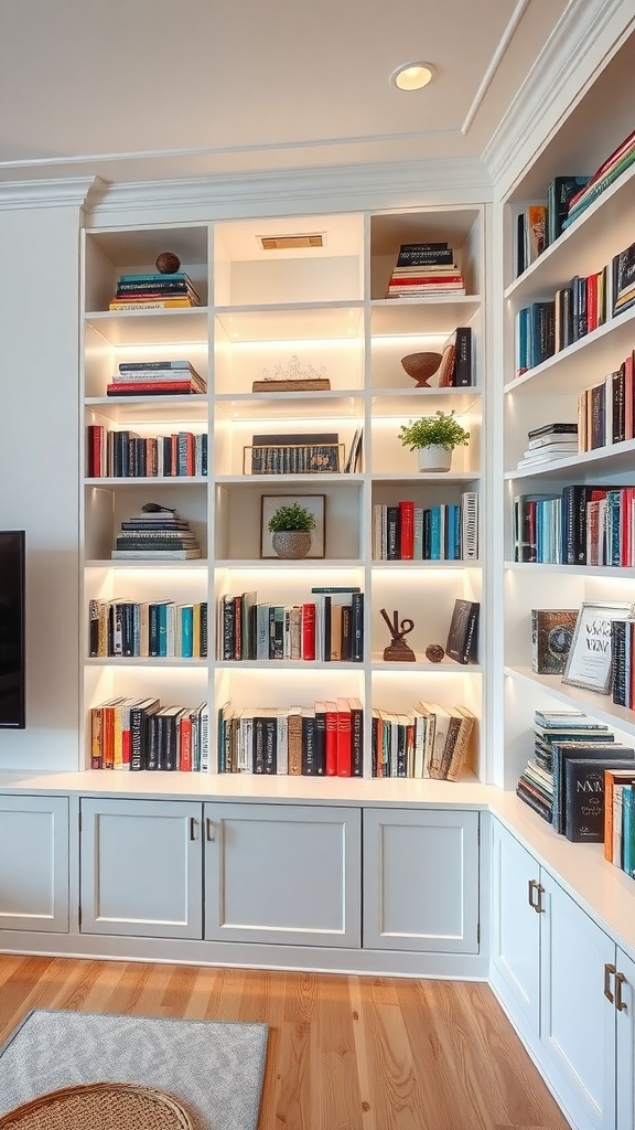 A modern bookshelf with integrated lighting showcasing colorful books and decorative items.