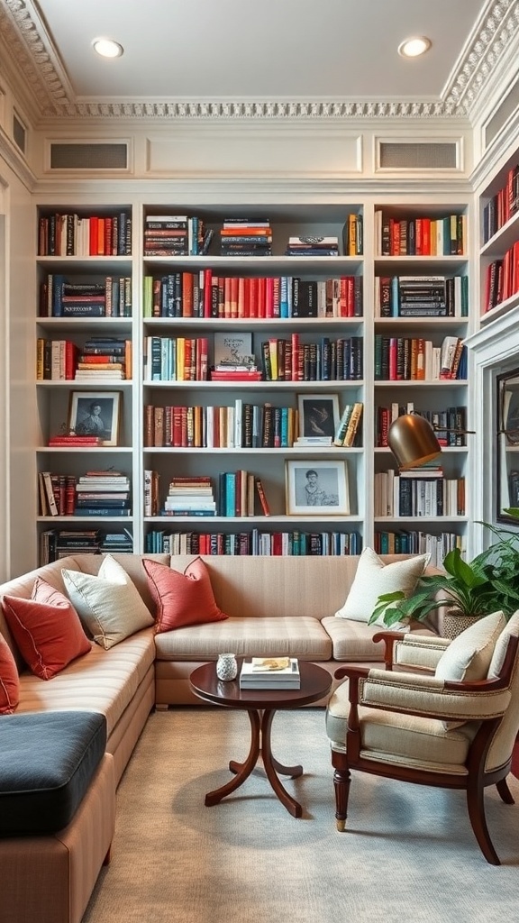 Cozy reading nook with a bookshelf and integrated seating, featuring colorful books and comfortable cushions.