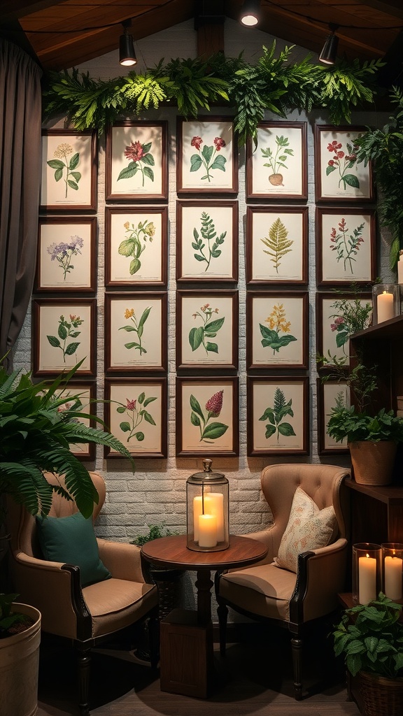 A cozy corner featuring framed botanical prints on a wall, surrounded by greenery and soft lighting.