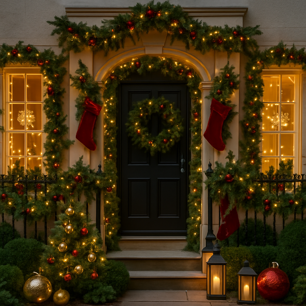 A beautifully decorated front door with boughs of holly and pine, red stockings, a wreath, and glowing lanterns.