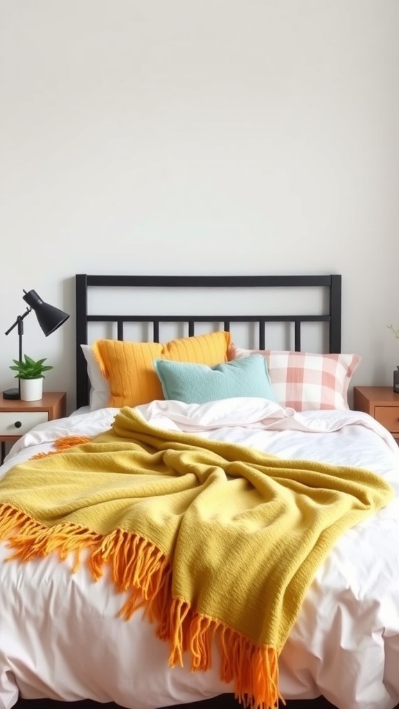 A cozy bed with a bright yellow blanket featuring orange fringes, complemented by colorful pillows.