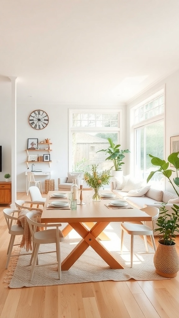 Bright and airy open concept living and dining room with large windows, light wood flooring, and modern decor.