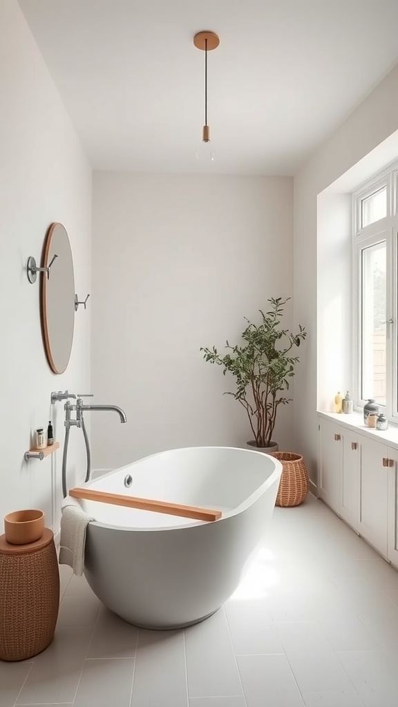 A bright and airy Scandinavian bathroom featuring a freestanding tub, wooden accents, and greenery.