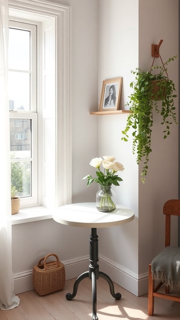 A bright coffee nook by the window featuring a small round table, fresh flowers, a hanging plant, and a framed photo on the wall.