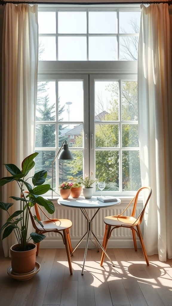 Bright and airy coffee nook with a round table, two chairs, and potted plants by a large window