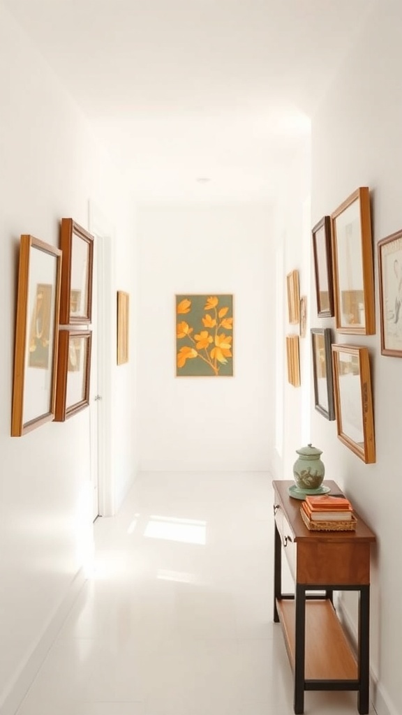 A bright hallway with white walls, featuring a gallery wall of framed art and a narrow console table.