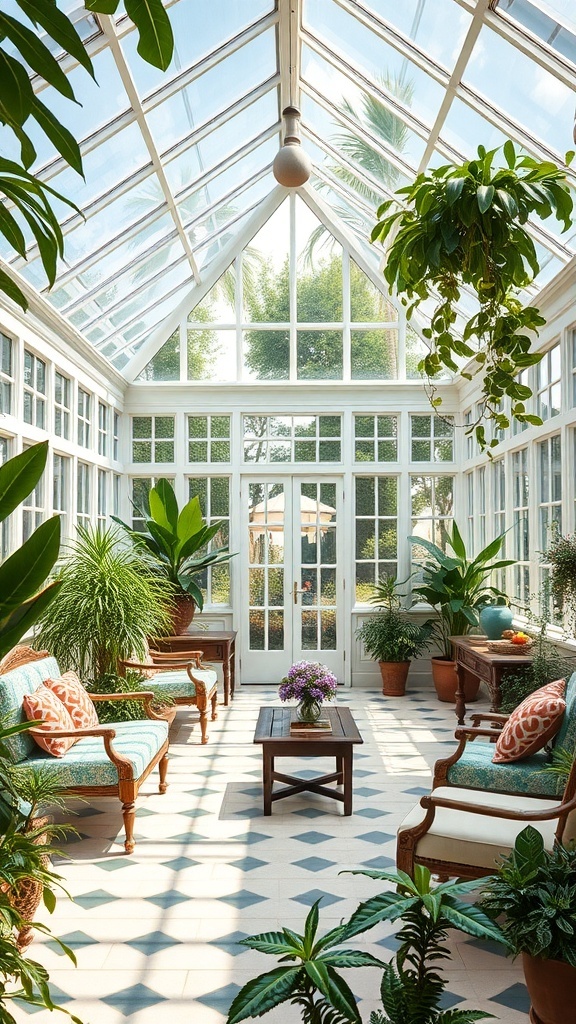 A bright and airy glasshouse retreat filled with plants and comfortable seating.