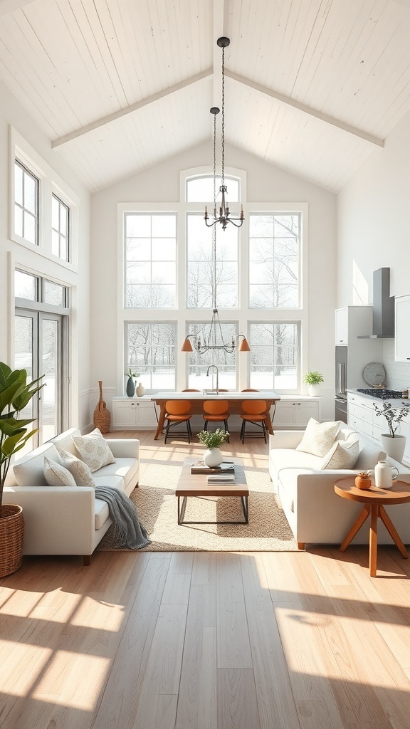 Bright and airy modern farmhouse living room with large windows, white sofas, and a cozy dining area.