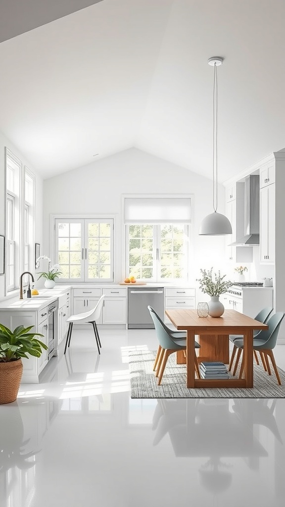 Bright and airy white kitchen with open concept layout, featuring large windows and modern furnishings.