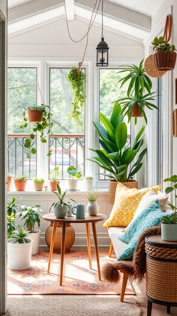 A bright sunroom filled with plants, a small table, and cozy seating.