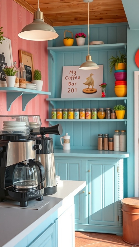 A bright and cheerful coffee bar with pink cabinetry, light blue walls, and decorative shelves.
