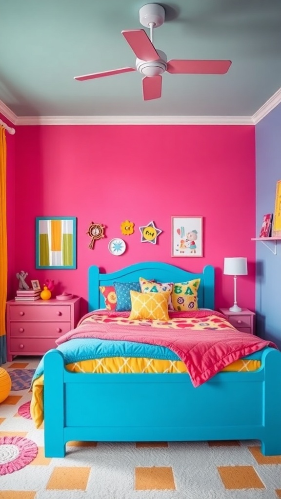 A bright and cheerful kids bedroom with turquoise walls, pink bed, and colorful decorations.