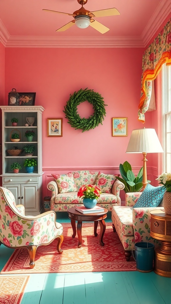 A bright living room with pink walls, floral furniture, and natural light.