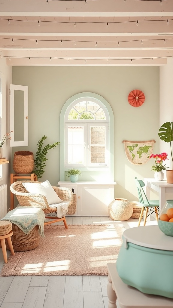 A bright and cheerful room featuring pastel colors, natural textures, and plants.