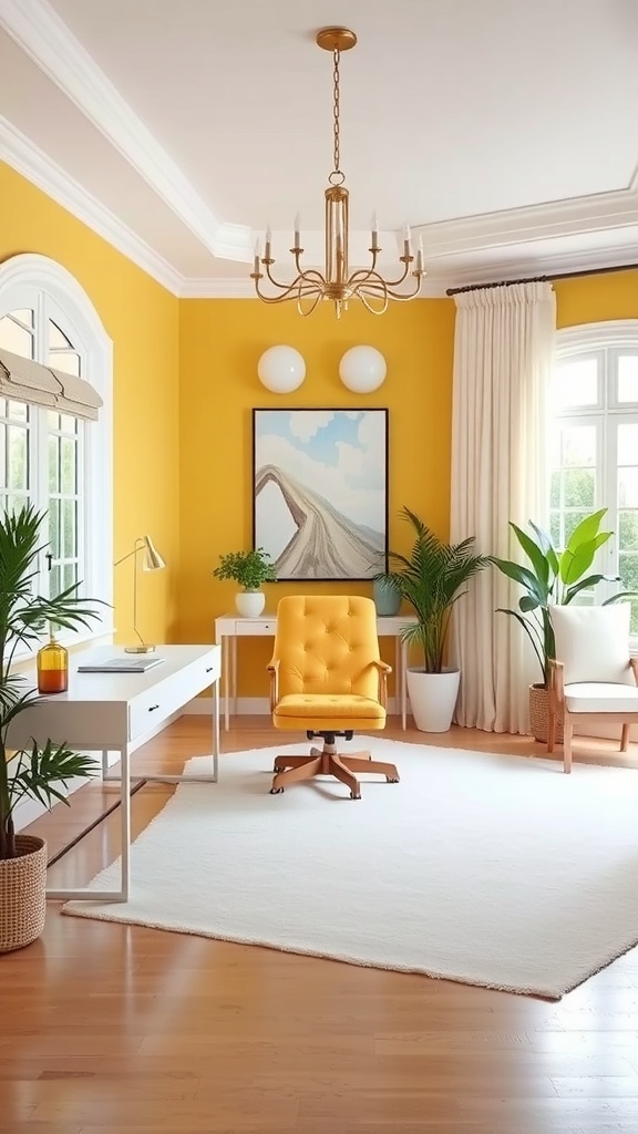 A bright home office with yellow walls, a white desk, and a yellow chair, featuring plants and natural light.