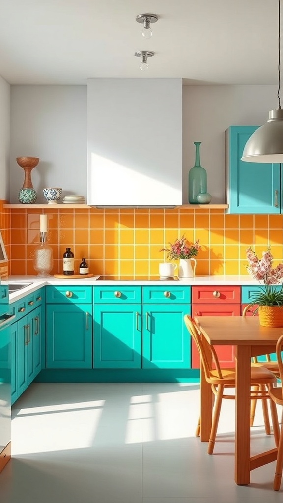 A modern kitchen featuring turquoise cabinets and an orange backsplash.