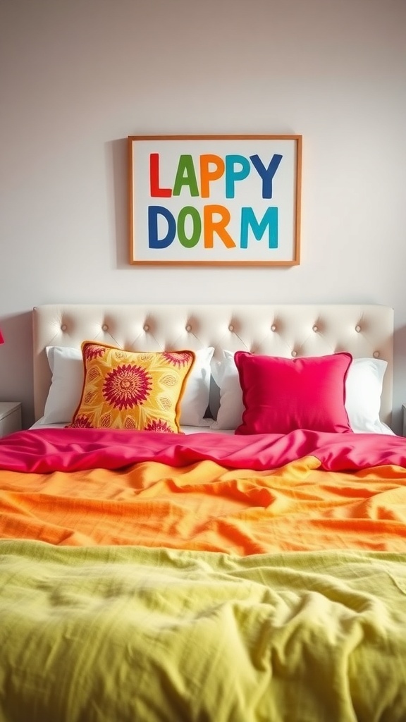 A colorful dorm bed with bright bedding and decorative pillows, featuring a framed sign that says 'LAPPY DORM'.