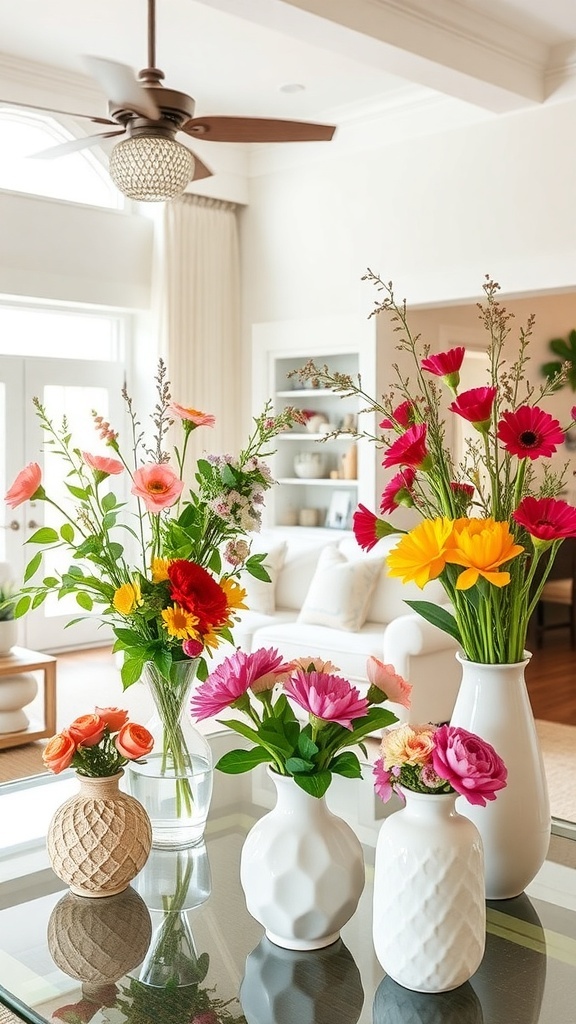 A collection of bright floral arrangements in various vases on a table.