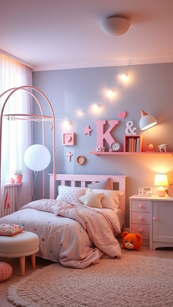 A cozy kids bedroom featuring soft pink decor, fairy lights, and warm lighting.