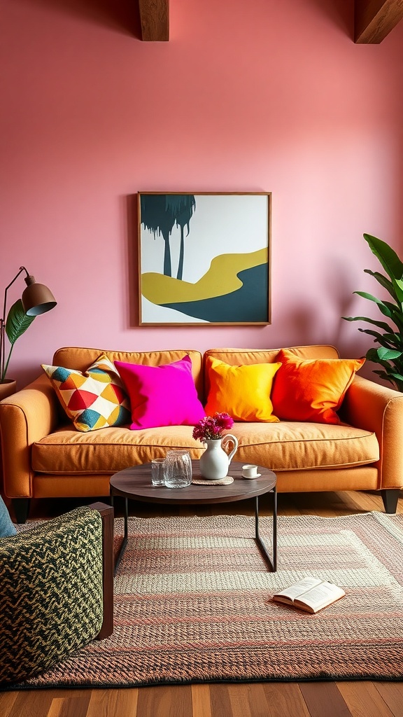 A cozy living room featuring a bright orange sofa with colorful cushions, a pink wall, and earthy decor elements.