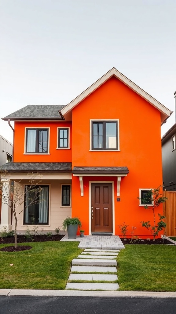 A modern house with bright orange exterior walls, a brown door, and a landscaped front yard.