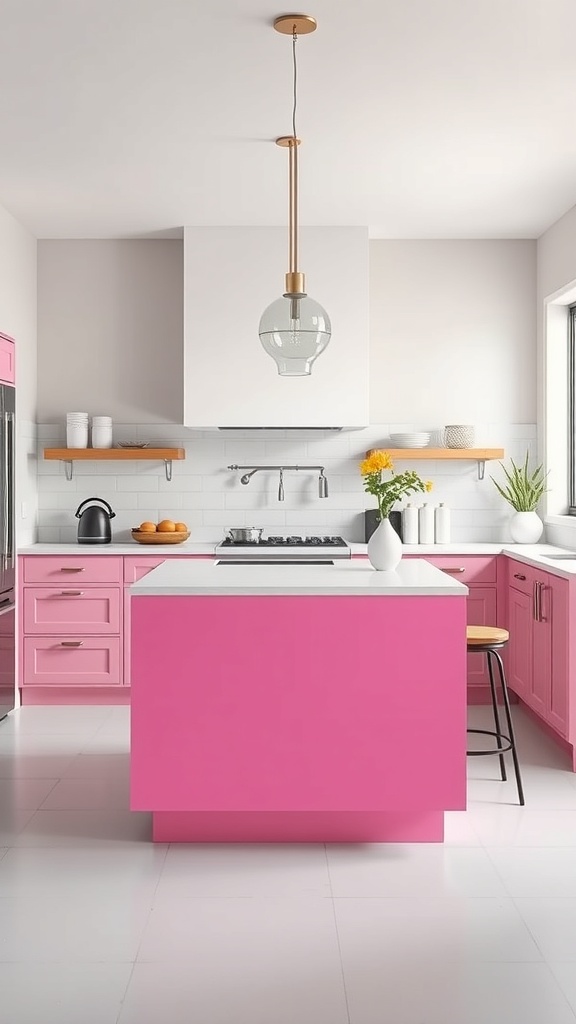 Modern pink kitchen interior featuring a bright pink island and stylish decor.