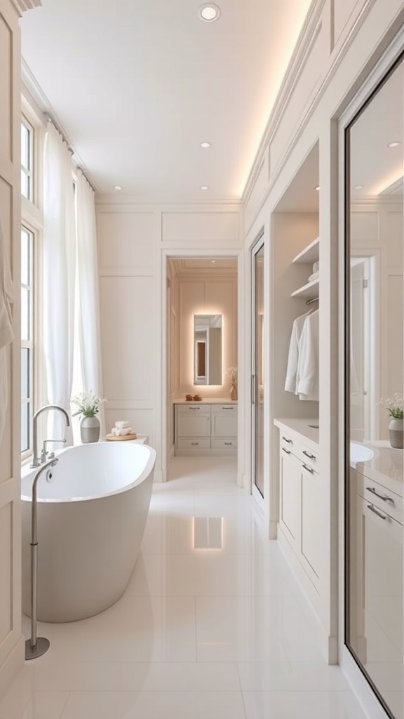 Bright walk-through closet leading to a luxurious bathroom with a freestanding tub and neutral color scheme.
