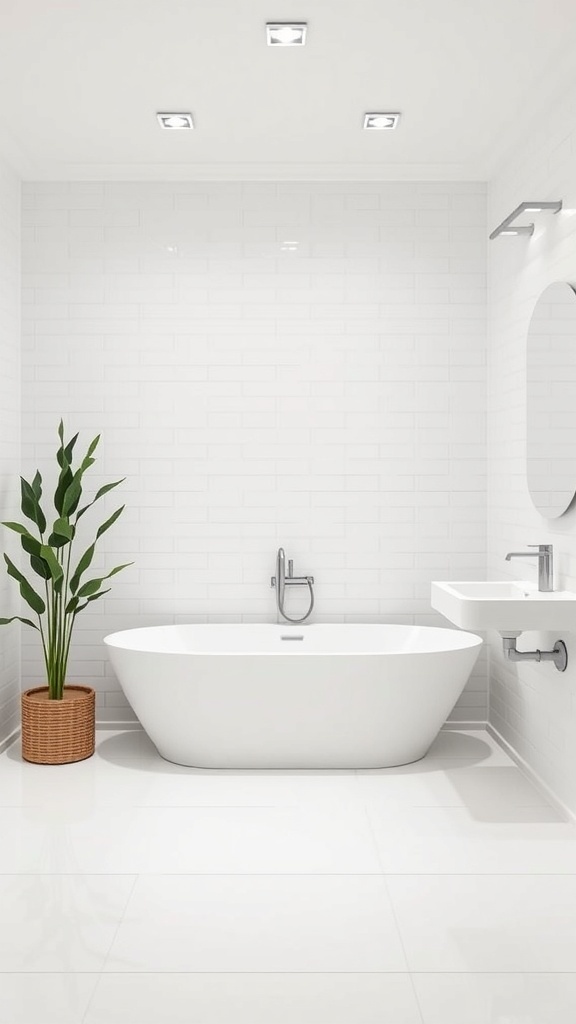 A modern bathroom with bright white tiles, a freestanding tub, and a potted plant.