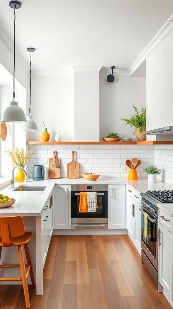 A modern kitchen with bright white walls, orange accents, and natural wood shelves.