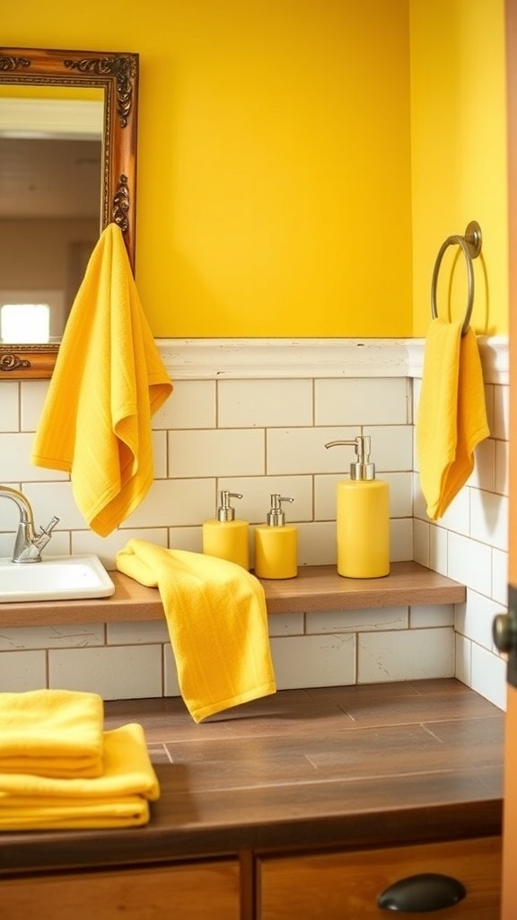 A bright yellow bathroom featuring yellow towels, soap dispensers, and a mirror, creating a cheerful atmosphere.
