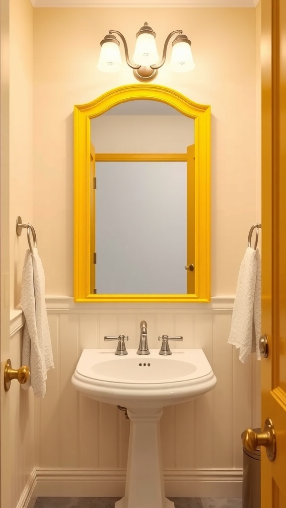 Bright yellow framed mirror in a farmhouse-style bathroom.