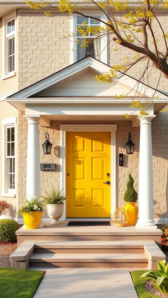 A house with a bright yellow front door, white columns, and beige exterior walls, surrounded by greenery and potted plants.