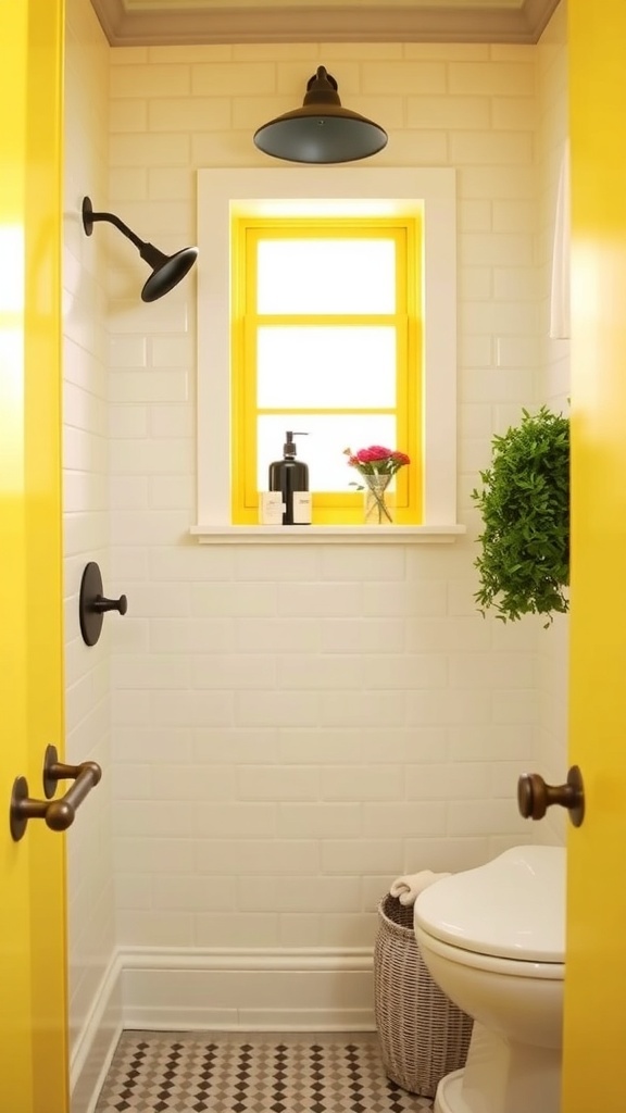 Bright yellow shower niche with white subway tiles and black fixtures