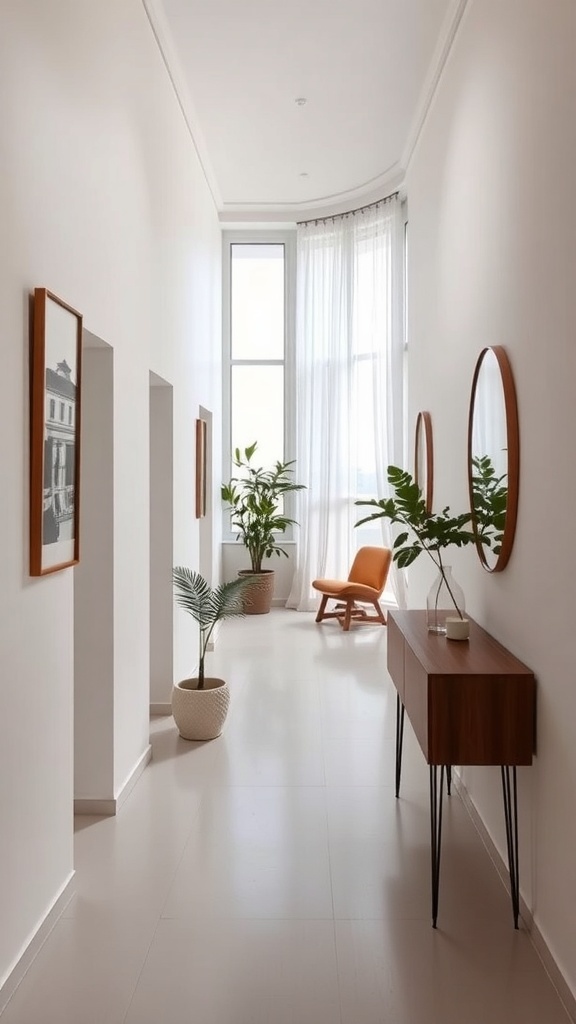 A narrow hallway with light-colored walls, large windows, plants, and wooden decor.