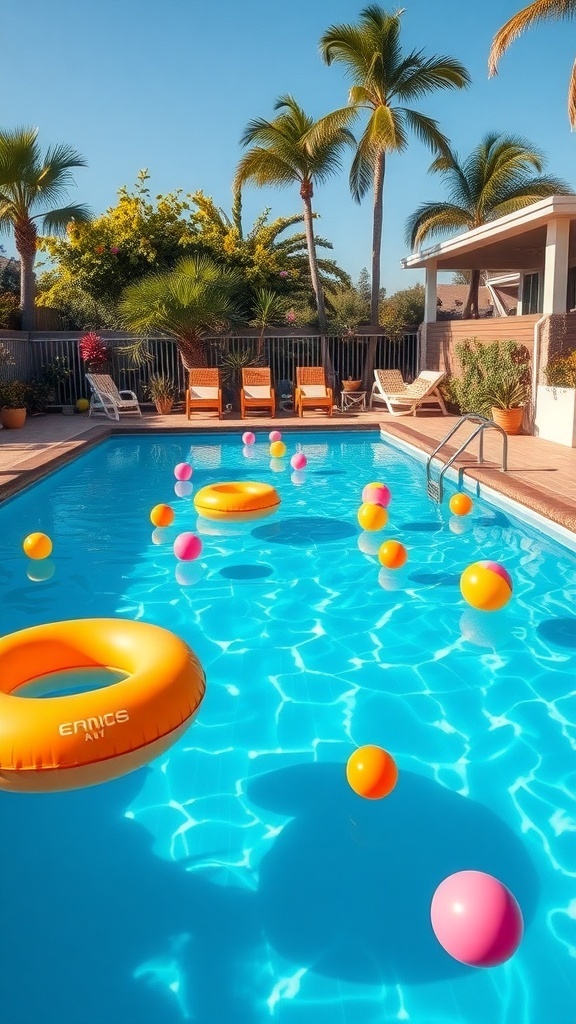 A brightly colored swimming pool with fun floats and beach balls, surrounded by palm trees and lounge chairs.