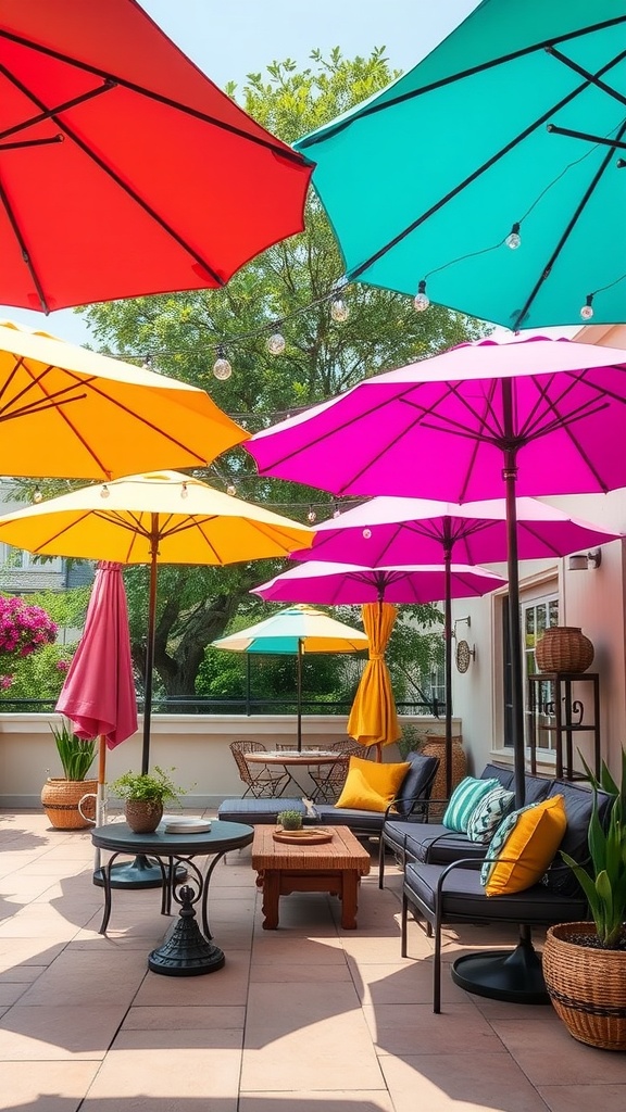 A patio with colorful umbrellas in red, yellow, green, and pink, creating a vibrant outdoor space.