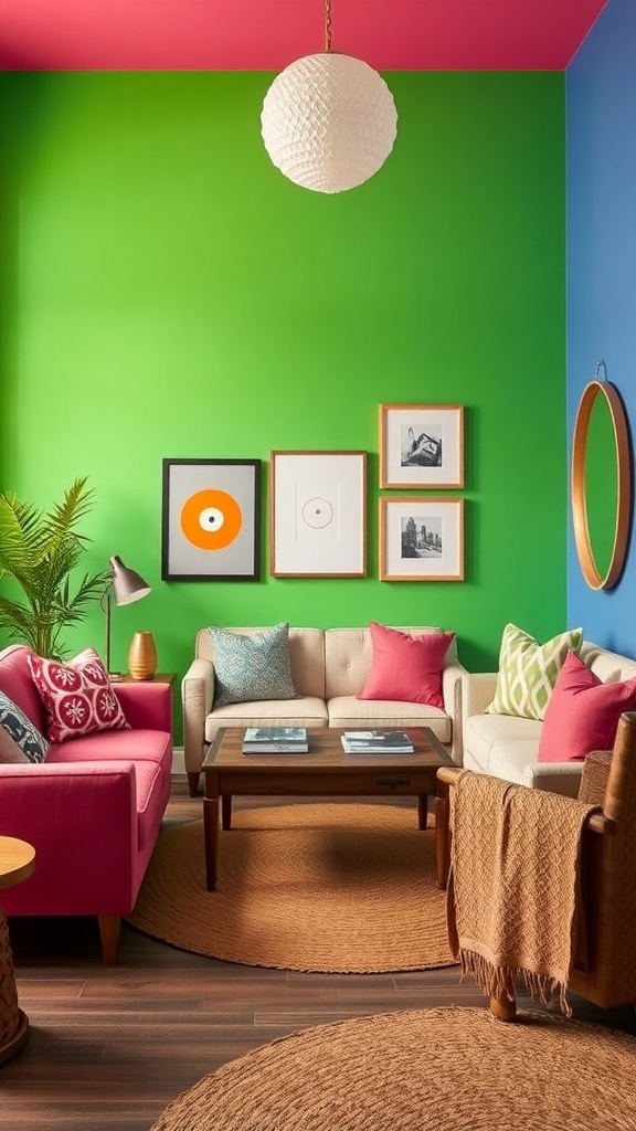 A living room with vibrant green walls and a pink ceiling, featuring neutral sofas and colorful throw pillows.