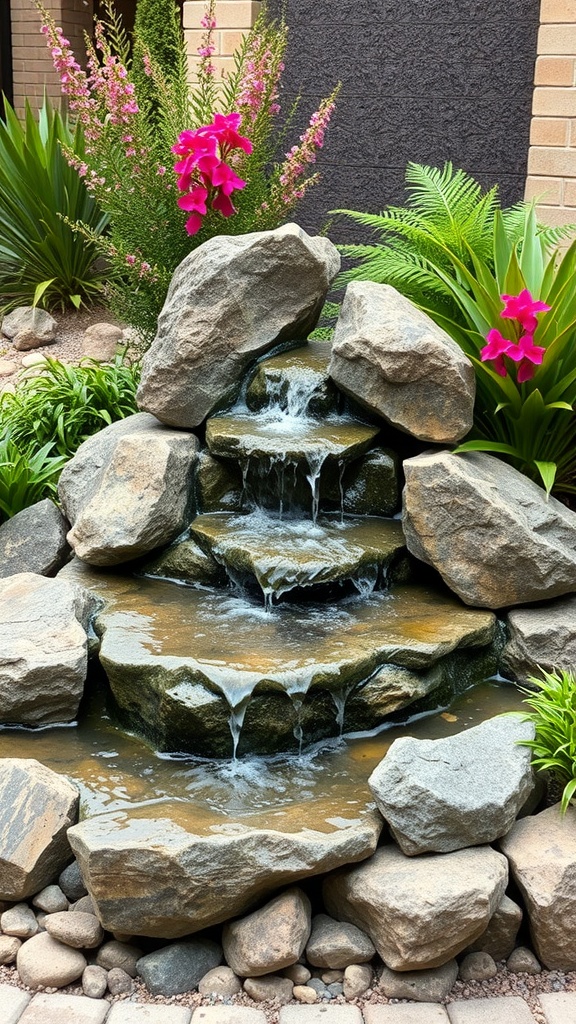 A bubbling rock fountain surrounded by green plants and pink flowers.