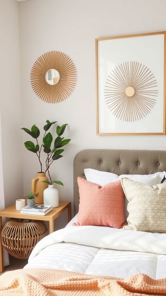 A cozy bedroom featuring light wood furniture, soft bedding, and decorative accessories.