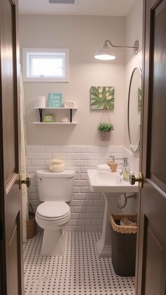 A cozy bathroom featuring a clean design with white tiles, a round mirror, and decorative shelves.