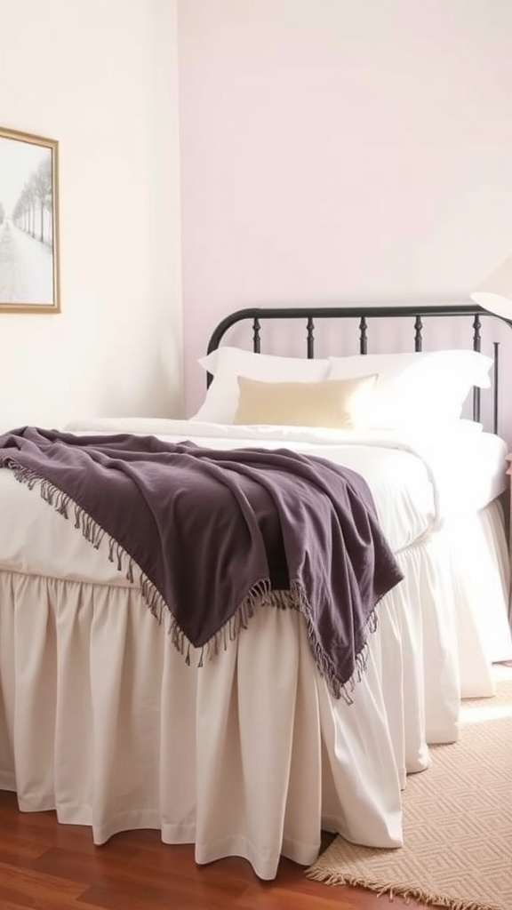 Cozy bed with a white bed skirt and a purple blanket