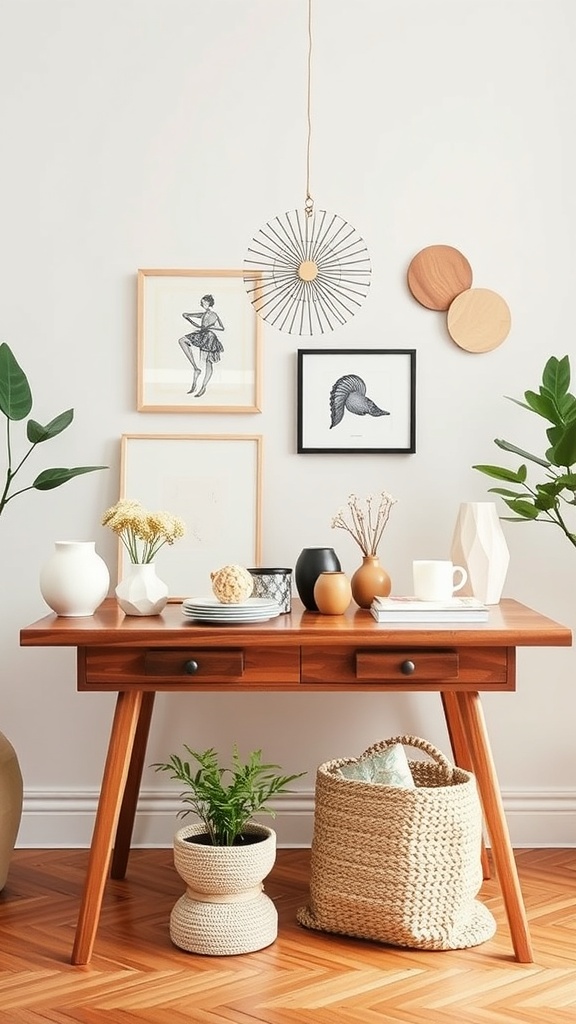 A minimalist dining area featuring a wooden table with decorative items, including plants and tableware.