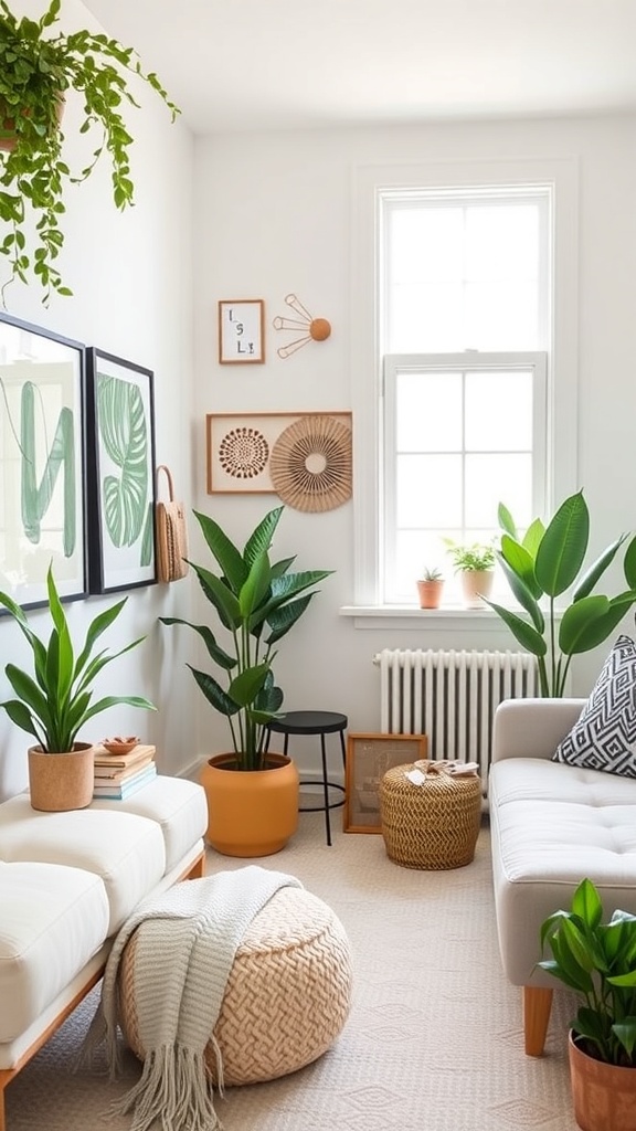 A cozy minimalist living room with plants and DIY decor.