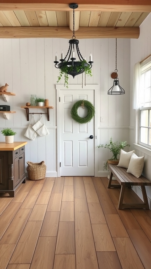 Cozy farmhouse interior with wooden flooring, white walls, and rustic decor.
